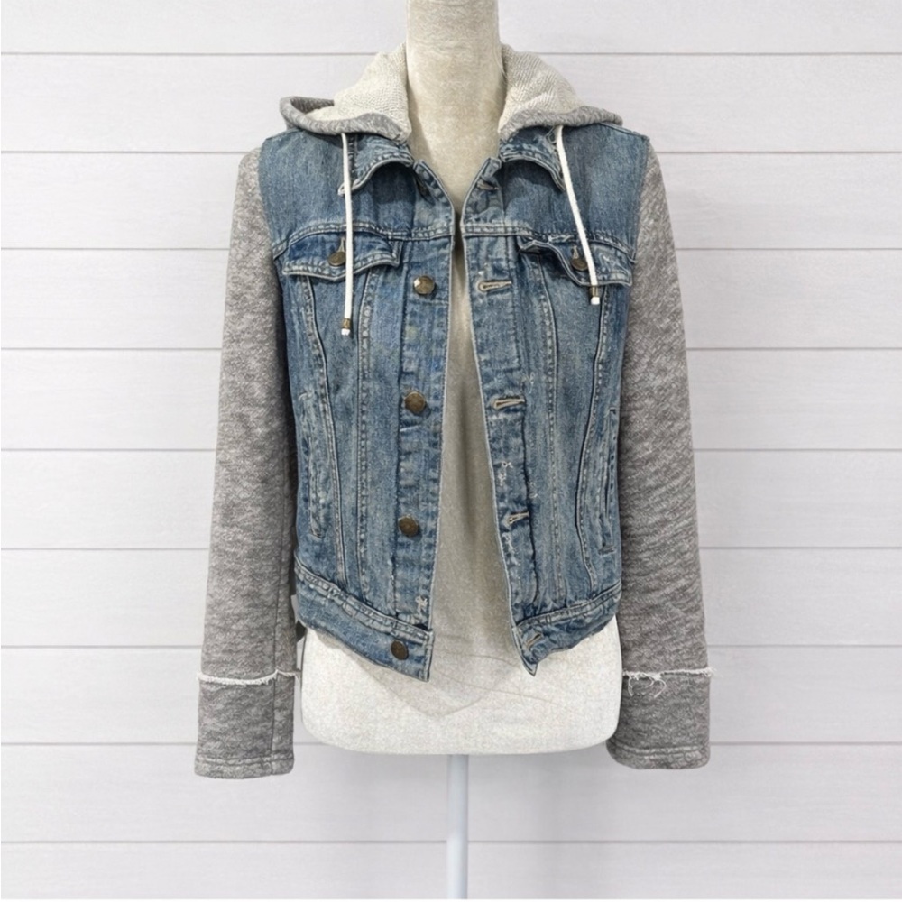 FREE PEOPLE Denim and Gray Knit Hooded Jacket